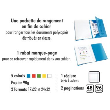 Piqûre 96 pages avec 2 rabats, format 17x22 cm, seyès 90g, couverture polypropylène jaune