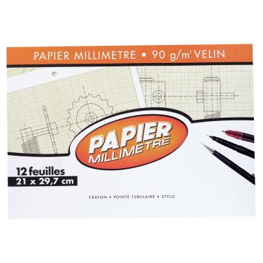 Pochette de 12 feuilles de papier millimétré, 90g format 21x29,7 cm EXCELLENCE