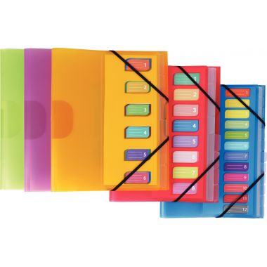Trieur en polypropylène 3 rabats + élastiques COLOR FRESH 6 compartiments, coloris assortis