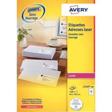 Pochette de 1400 étiquettes adhésives blanches laser 99,1x38,1mm