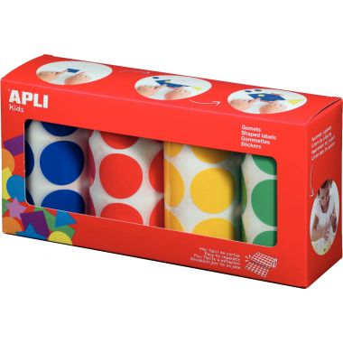 Lot de 4 rouleaux de maxi gommettes adhésives rondes diamètre 33 mm, couleurs vives assorties