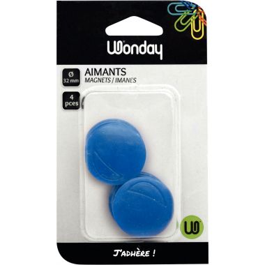 Blister de 4 aimants magnétiques, diamètre 32 mm , coloris Bleu