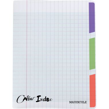 Piqûre 96 pages 3 index MAJUSCULE, format 17x22 cm, seyès, couverture polypropylène incolore