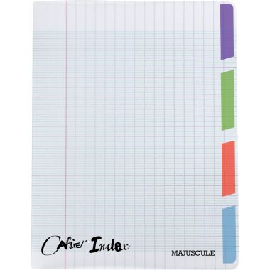Piqûre 96 pages 4 index MAJUSCULE, format 17x22 cm, seyès, couverture polypropylène incolore