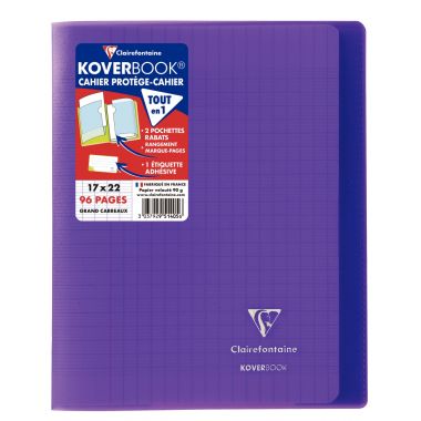 Piqûre 96 pages KOVERBOOK, format 17x22 cm, seyès 90g, couverture polypropylène violet