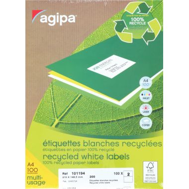 Boîte de 200 étiquettes multi-usages blanches recyclées 148,5x210mm
