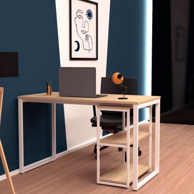 Bureau modulable plateau chêne/piètement blanc