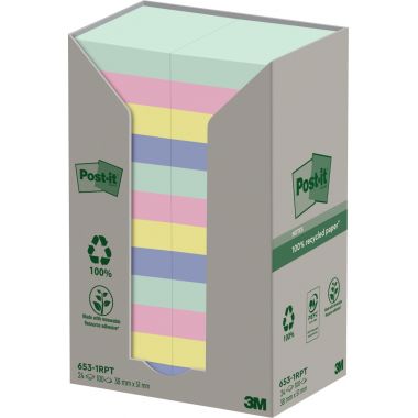 Tour distributrice de 24 blocs de 100 feuilles post-it recyclées et repositionnables 38 x 51 mm collection nature