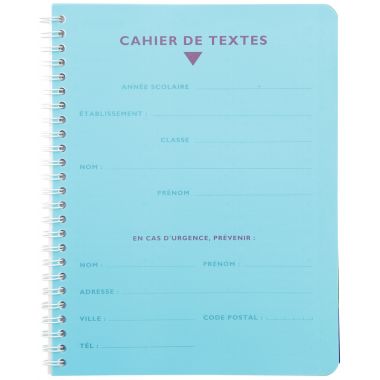 Cahier de texte 124 pages couverture polypropylène, format 17x22 cm, seyès 90g