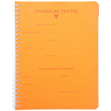 Cahier de texte 124 pages couverture polypropylène, format 17x22 cm, seyès 90g