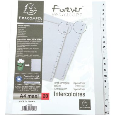 Jeu de 20 intercalaires alphabétiques en polypropylène gris recyclé, format A4+