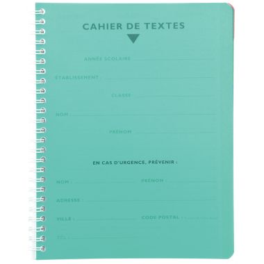 Cahier de texte 124 pages couverture polypropylène, format 17x22 cm, seyès 90g
