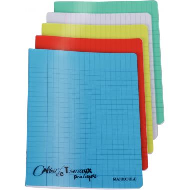 Cahier travaux pratiques MAJUSCULE, piqûre 64 pages, 17x22 cm, seyès/uni blanc, couverture polypro