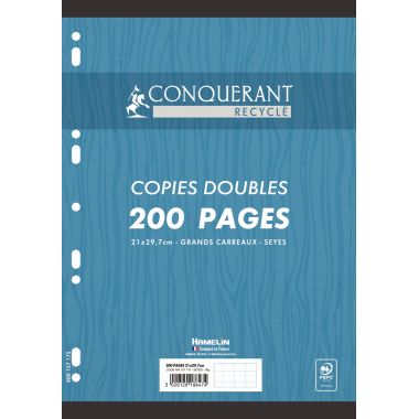 Paquet de 50 copies doubles perforées CONQUERANT RECYCLE, format A4, seyès, papier 90g, blanc