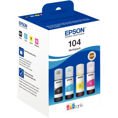 Epson 104 pack de de 4 flacons jet d'encre noire, cyan, magenta et jaune authentique (T00P640)