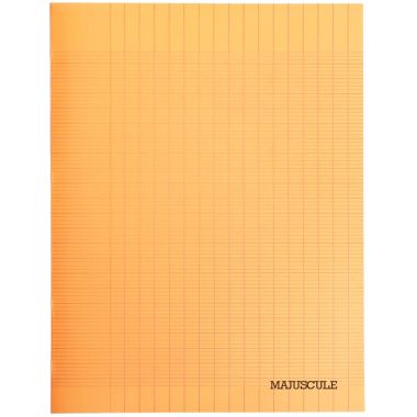Piqûre 32 pages MAJUSCULE, format 17x22 cm, papier blanc 90g, seyès, couverture polypropylène orange