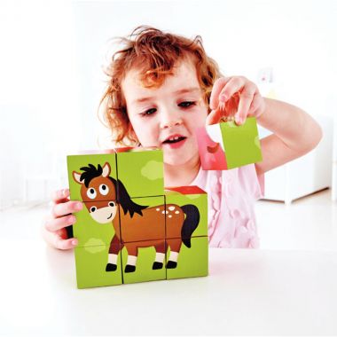 Boite de 9 puzzles cubes en bois, les animaux de la ferme
