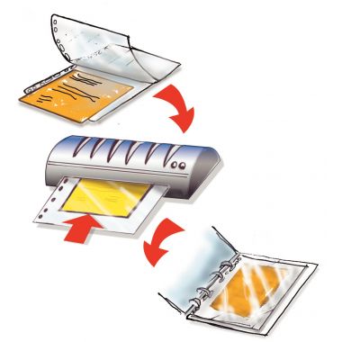 Boite de 100 pochettes à plastifier format 22,8x30,3 cm pour document 21x29,7 cm. En polyester brillant épaisseur 80 microns par face. Avec perforation universelle