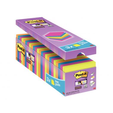 Boîte de 24 blocs de 90 feuilles Post-it Super Sticky néon format 76 x 76 mm dont 3 gratuits