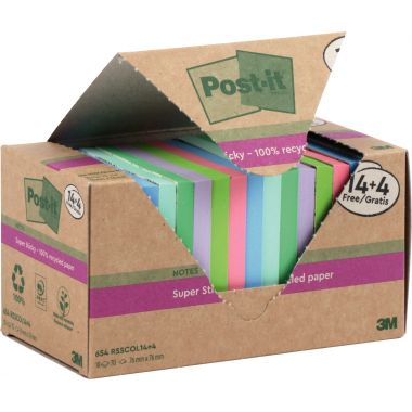 Tour de 18 blocs sticky recyclés 76 x 76 mm  dont 4 gratuits coloris assortis