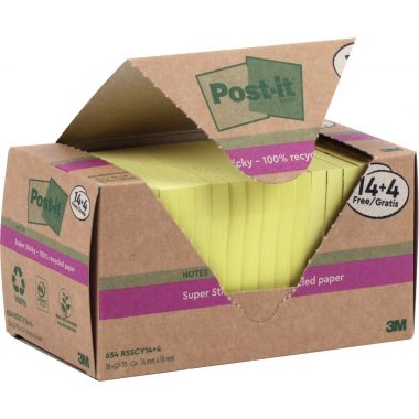 Tour de 18 blocs sticky recyclés 76 x 76 mm  dont 4 gratuits coloris jaune