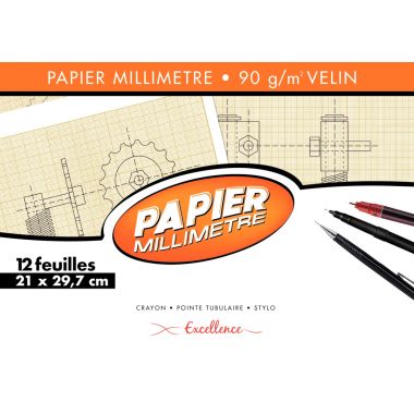 Pochette de 12 feuilles de papier millimétré, 90g format 21x29,7 cm EXCELLENCE