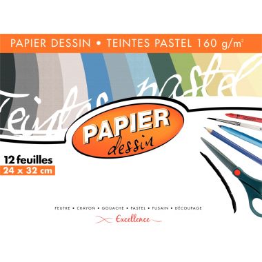 Pochette de 12 feuilles à dessin 160g 24x32cm couleurs pastels