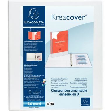 Classeur personnalisable KREACOVER format A4+, 4 anneaux diamètre 25 mm, blanc
