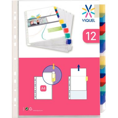 Jeu de 12 pochettes intercalaires en polypropylène + onglets colorés, format A4