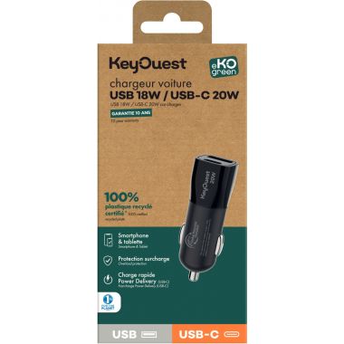 Chargeur voiture 2 ports USB-A et USB-C noir