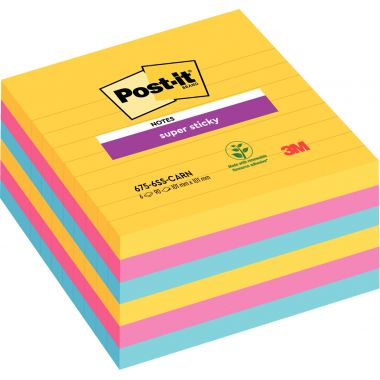 Lot de 6 blocs Notes Super Sticky de 90 feuilles lignées, format 101 x 101 mm, couleurs CARNIVAL