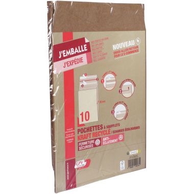 Paquet de 10 pochettes aller/retour kraft 340x420mm soufflet 80mm bandes siliconées