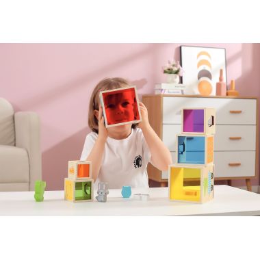 Lot de 6 cubes en bois, formes et couleurs