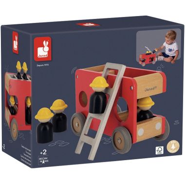 Camion de pompiers en bois avec 4 pompiers