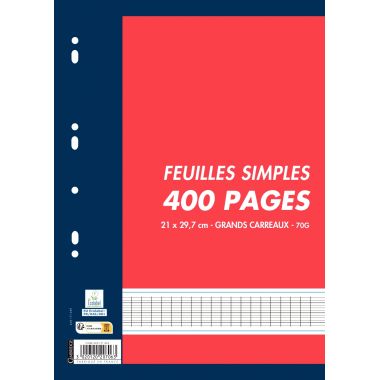Sachet de 200 feuillets mobiles, format A4, seyès, papier 70g, blanc