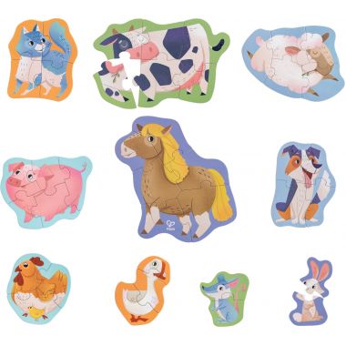 Boite de 10 puzzles contour, les animaux de la ferme