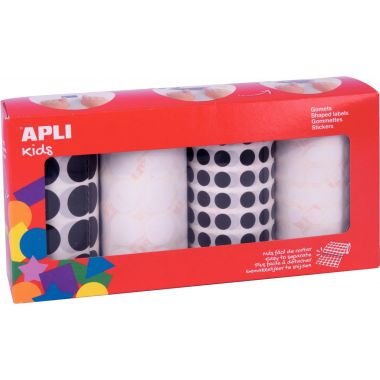 Lot de 4 rouleaux de gommettes rondes Ø 10.5 et 20mm noir et blanc