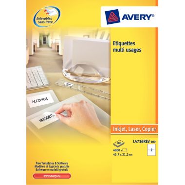 Avery - Pochette de 1200 étiquettes blanches enlevables 45,7X21,2mm - L4736REV-25