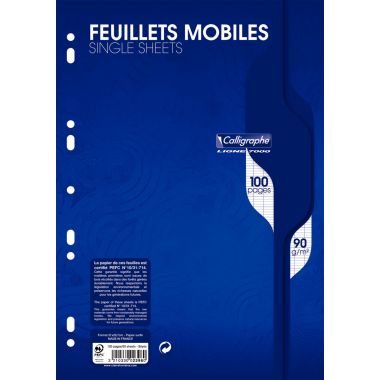 Sachet de 50 feuillets mobiles, format A4, seyès, papier 90g, blanc