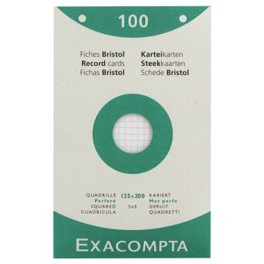 Boîte de 100 fiches bristol perforées carte forte 205 g blanc quadrillé 5x5 format 12,5 x 20 cm