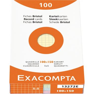 Paquet de 100 fiches bristol non perforées quadrillées 5x5 format 100 x 150 mm couleurs assorties (Bleu, jaune, rose, vert pastel)