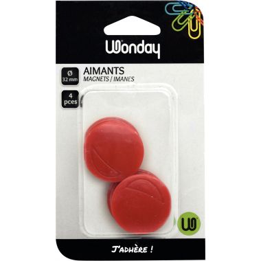 Blister de 4 aimants magnétiques, diamètre 32 mm - coloris rouge