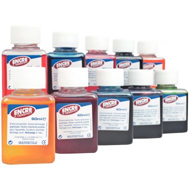 Majuscule - Coffret de 10 Flacons de 60 ml d'encre à dessiner coloris assortis - EAD10X60PET_01/65044