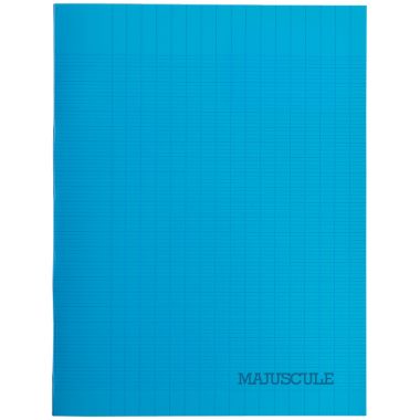 Piqûre 32 pages MAJUSCULE, format 17x22 cm, papier blanc 90g, seyès, couverture polypropylène bleu