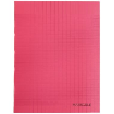 Piqûre 32 pages MAJUSCULE, format 17x22 cm, papier blanc 90g, seyès, couverture polypropylène rouge