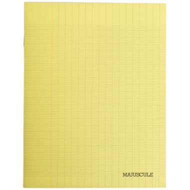 Piqûre 32 pages MAJUSCULE, format 17x22 cm, papier blanc 90g, seyès, couverture polypropylène jaune
