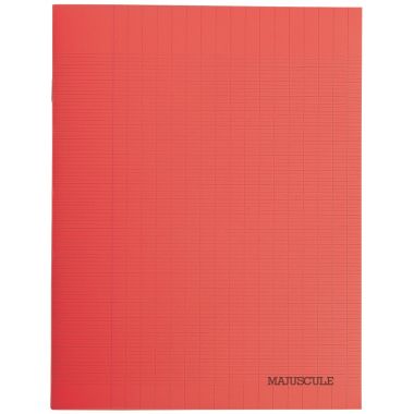 Piqûre 48 pages MAJUSCULE, format 17x22 cm, papier blanc 90g, seyès, couverture polypropylène rouge