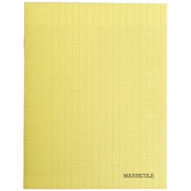 Piqûre 48 pages MAJUSCULE, format 17x22 cm, papier blanc 90g, seyès, couverture polypropylène jaune