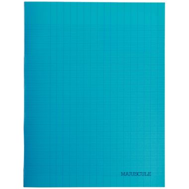 Piqûre 96 pages MAJUSCULE, format 17x22 cm, papier blanc 90g, seyès, couverture polypropylène bleu