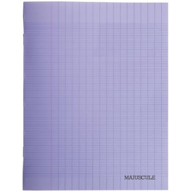 Piqûre 48 pages MAJUSCULE, format 17x22 cm, papier blanc 90g, seyès, couverture polypropylène violet